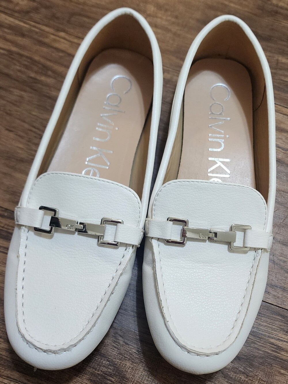 Calvin Klein Women's White Leather Loafers with Silver Hardware
